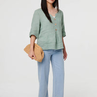 Button Detail 3/4 Sleeve Relaxed Blouse