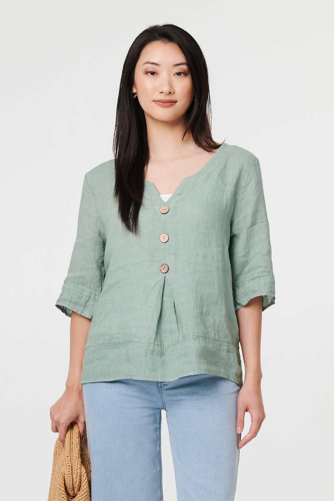 Button Detail 3/4 Sleeve Relaxed Blouse