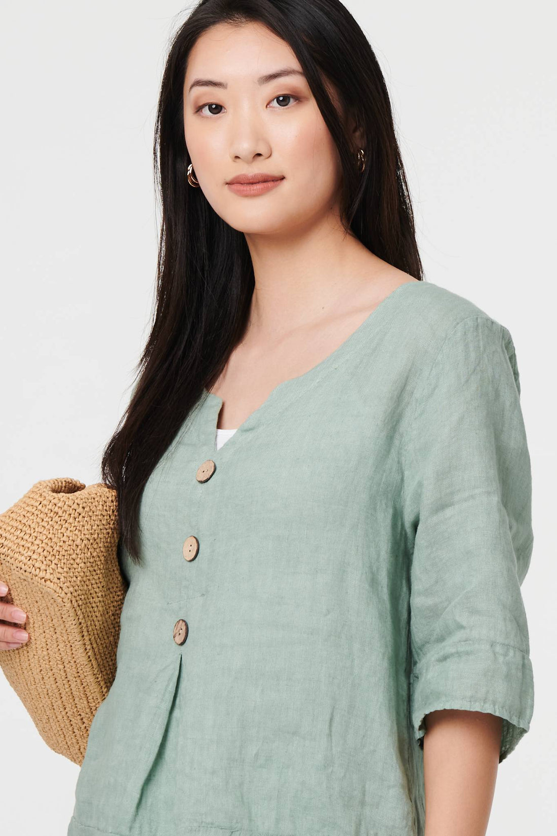 Button Detail 3/4 Sleeve Relaxed Blouse
