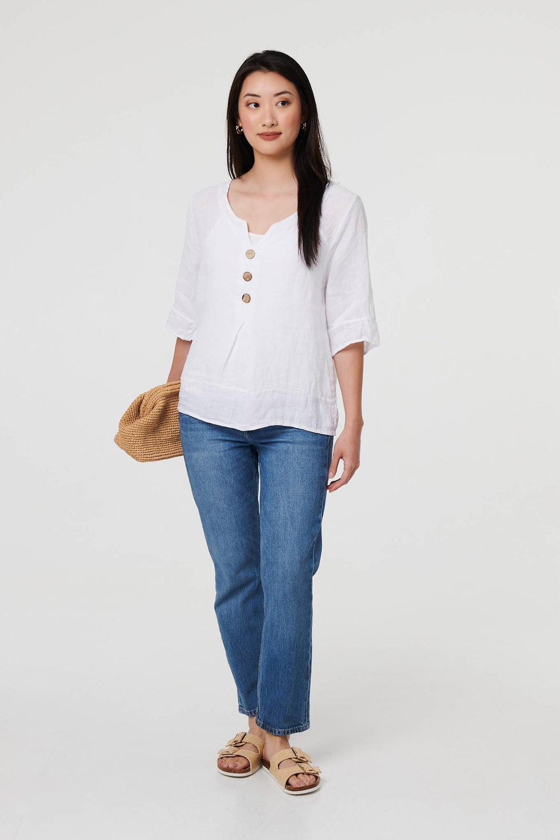 Button Detail 3/4 Sleeve Relaxed Blouse