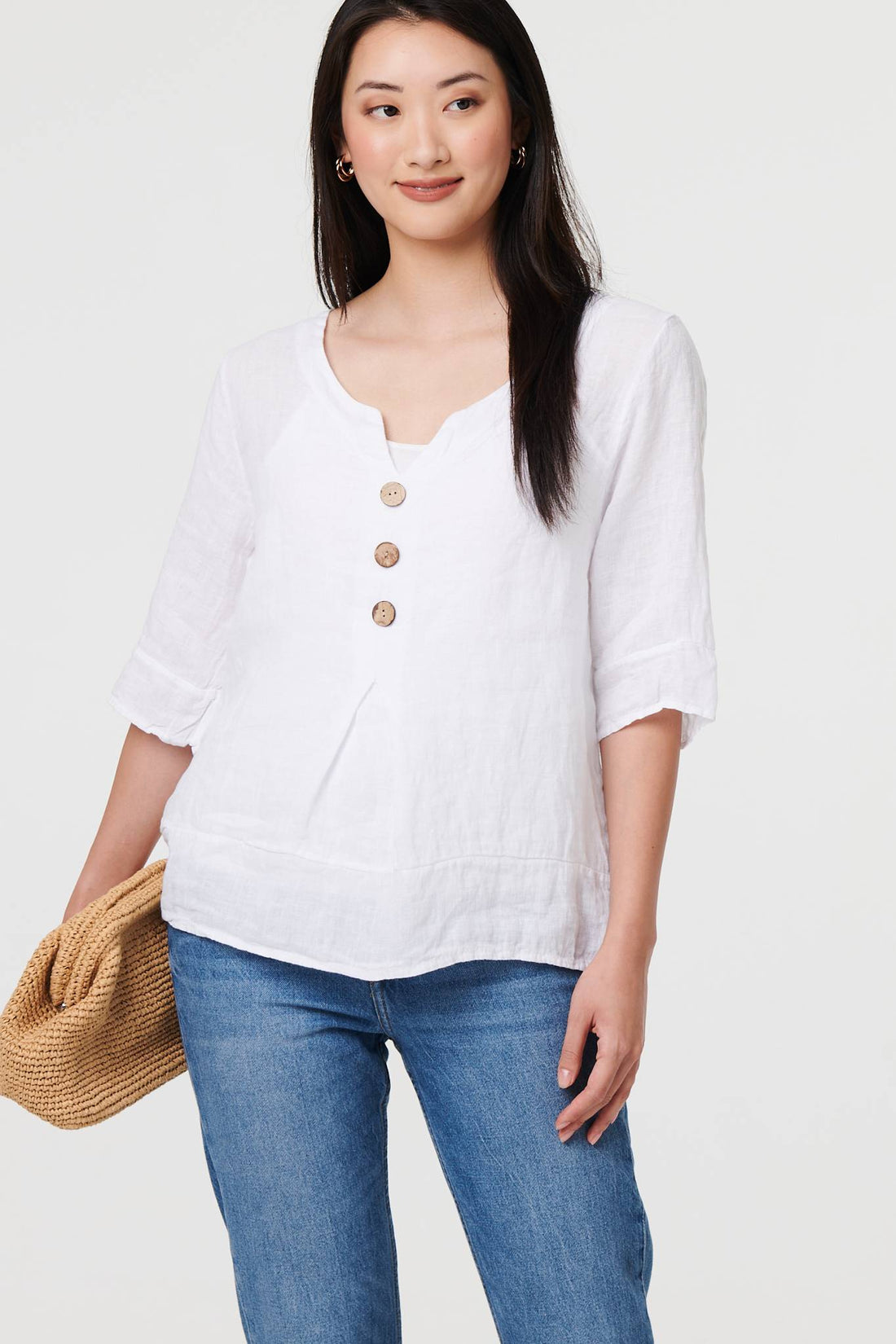 Button Detail 3/4 Sleeve Relaxed Blouse