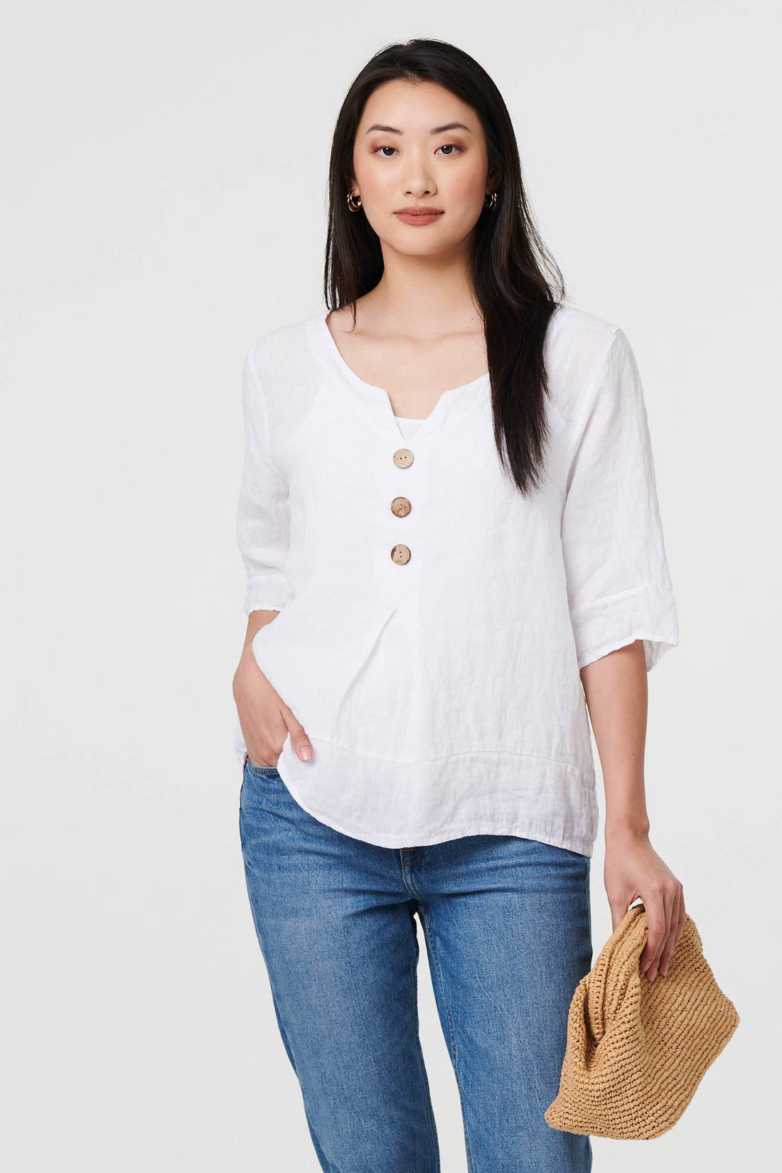 Button Detail 3/4 Sleeve Relaxed Blouse