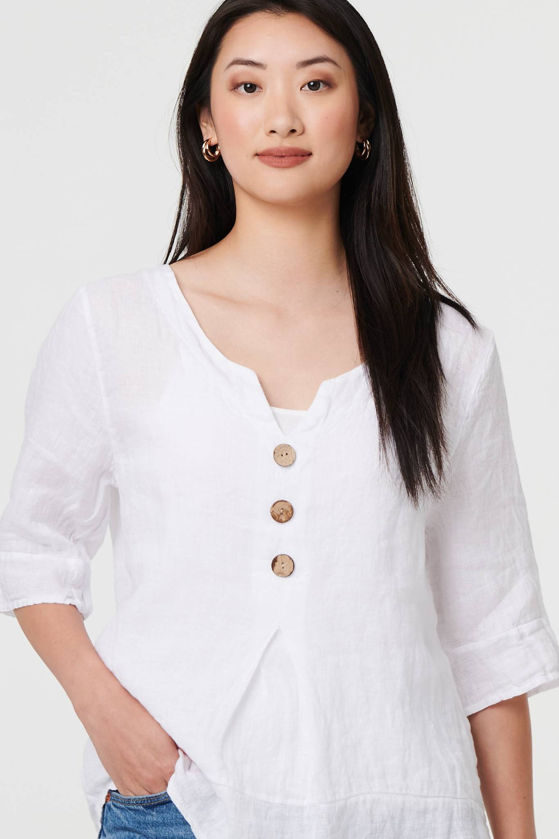 Button Detail 3/4 Sleeve Relaxed Blouse