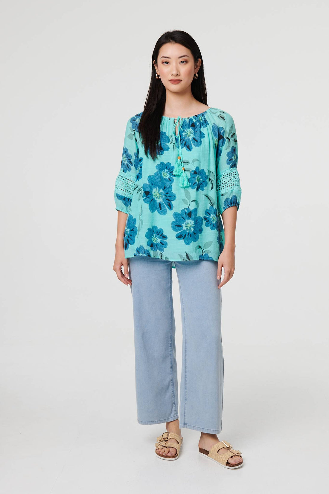 Floral Lace Trim Tie Front Bardot Blouse