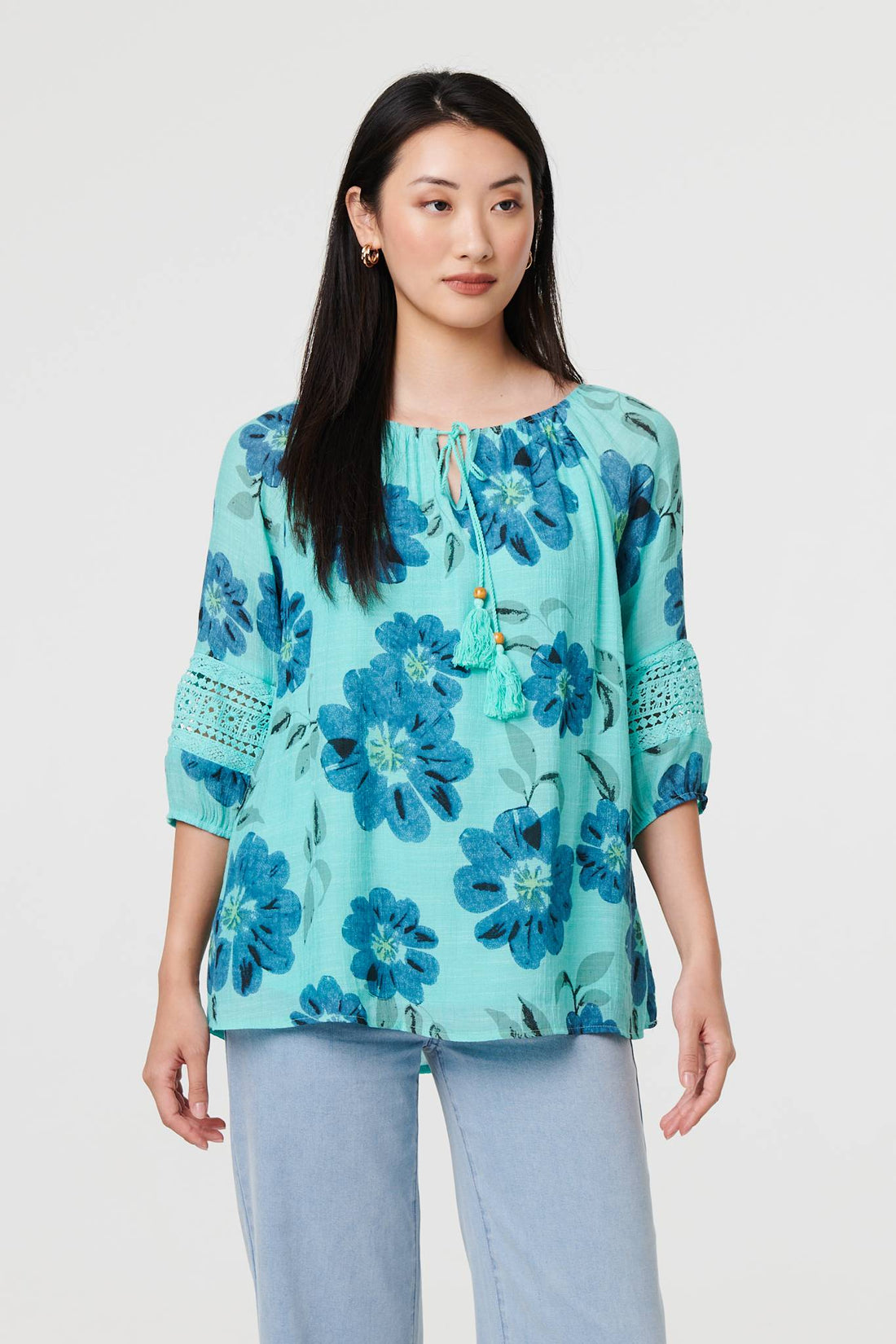 Floral Lace Trim Tie Front Bardot Blouse