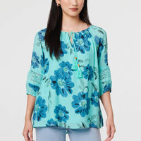 Floral Lace Trim Tie Front Bardot Blouse
