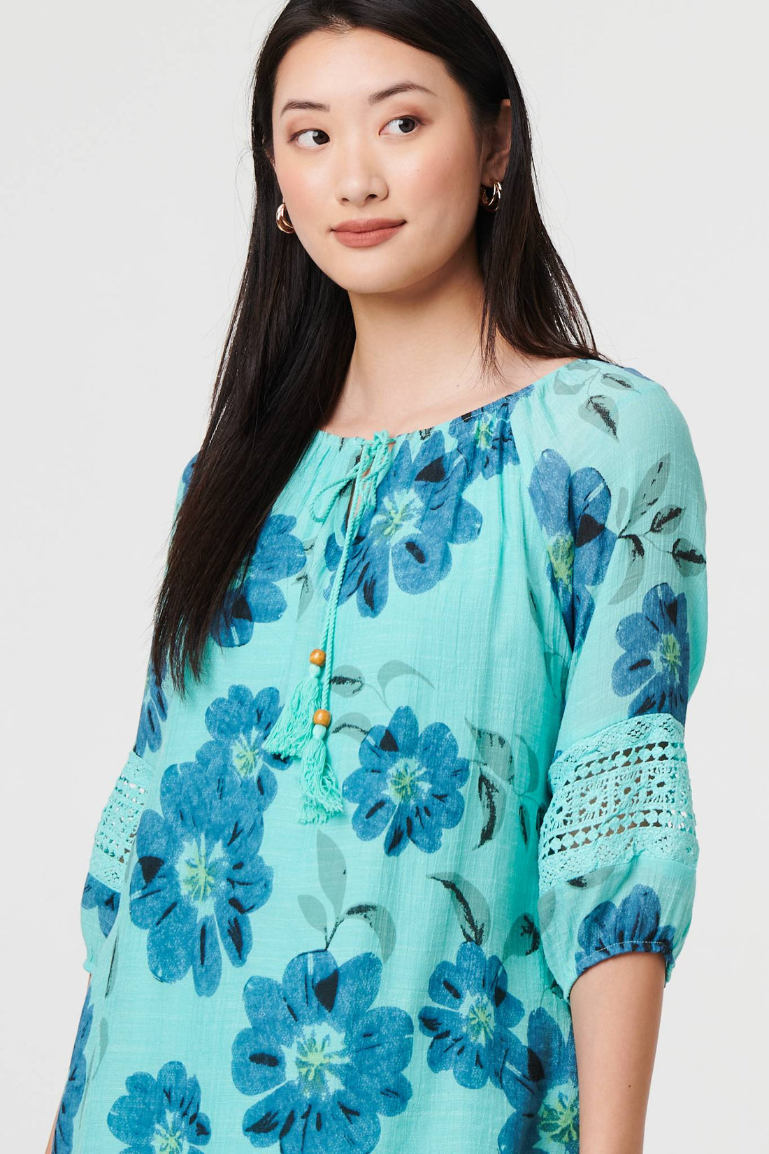 Floral Lace Trim Tie Front Bardot Blouse