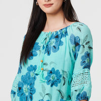 Floral Lace Trim Tie Front Bardot Blouse