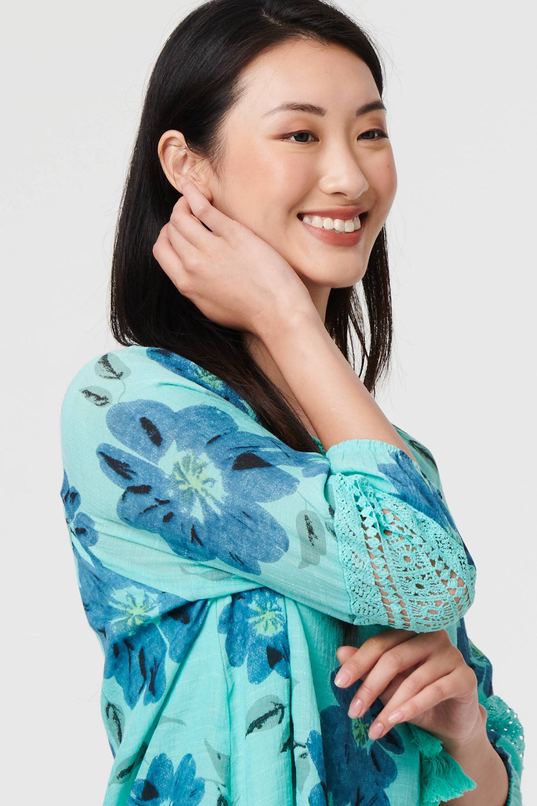 Floral Lace Trim Tie Front Bardot Blouse
