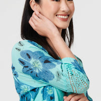 Floral Lace Trim Tie Front Bardot Blouse