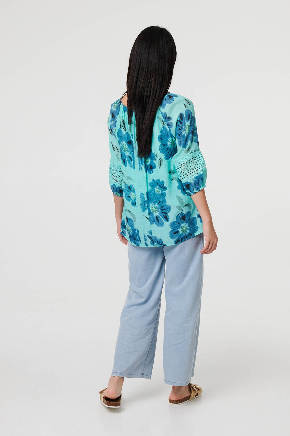 Floral Lace Trim Tie Front Bardot Blouse