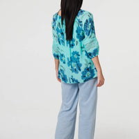 Floral Lace Trim Tie Front Bardot Blouse