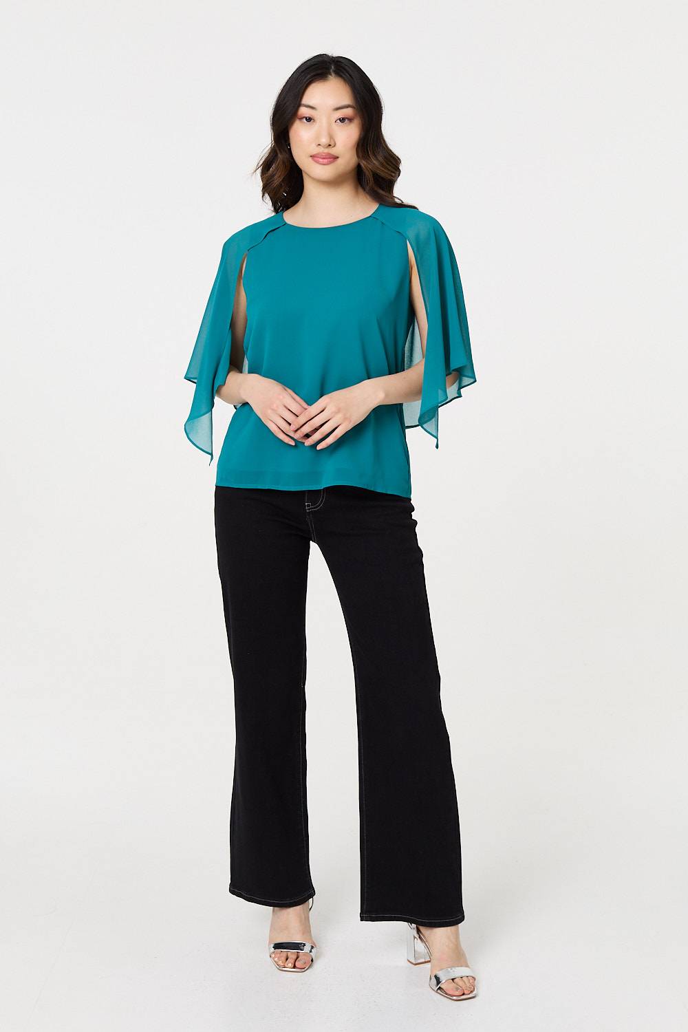 Semi Sheer Cut Out 3/4 Sleeve Blouse
