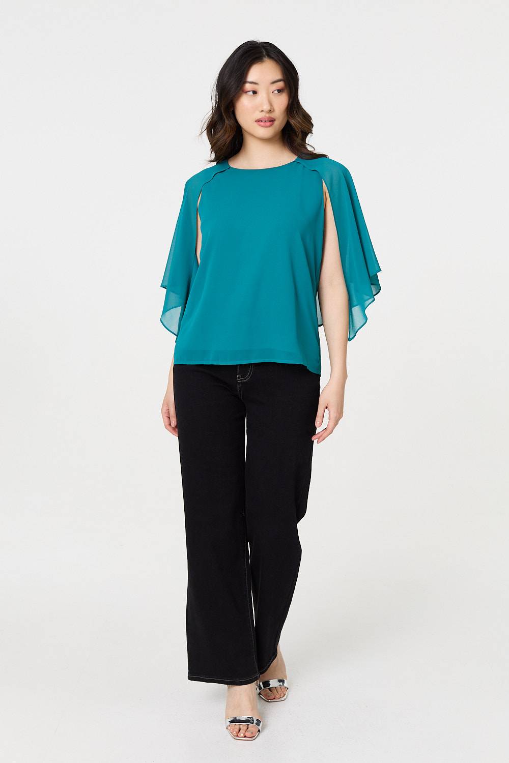 Semi Sheer Cut Out 3/4 Sleeve Blouse