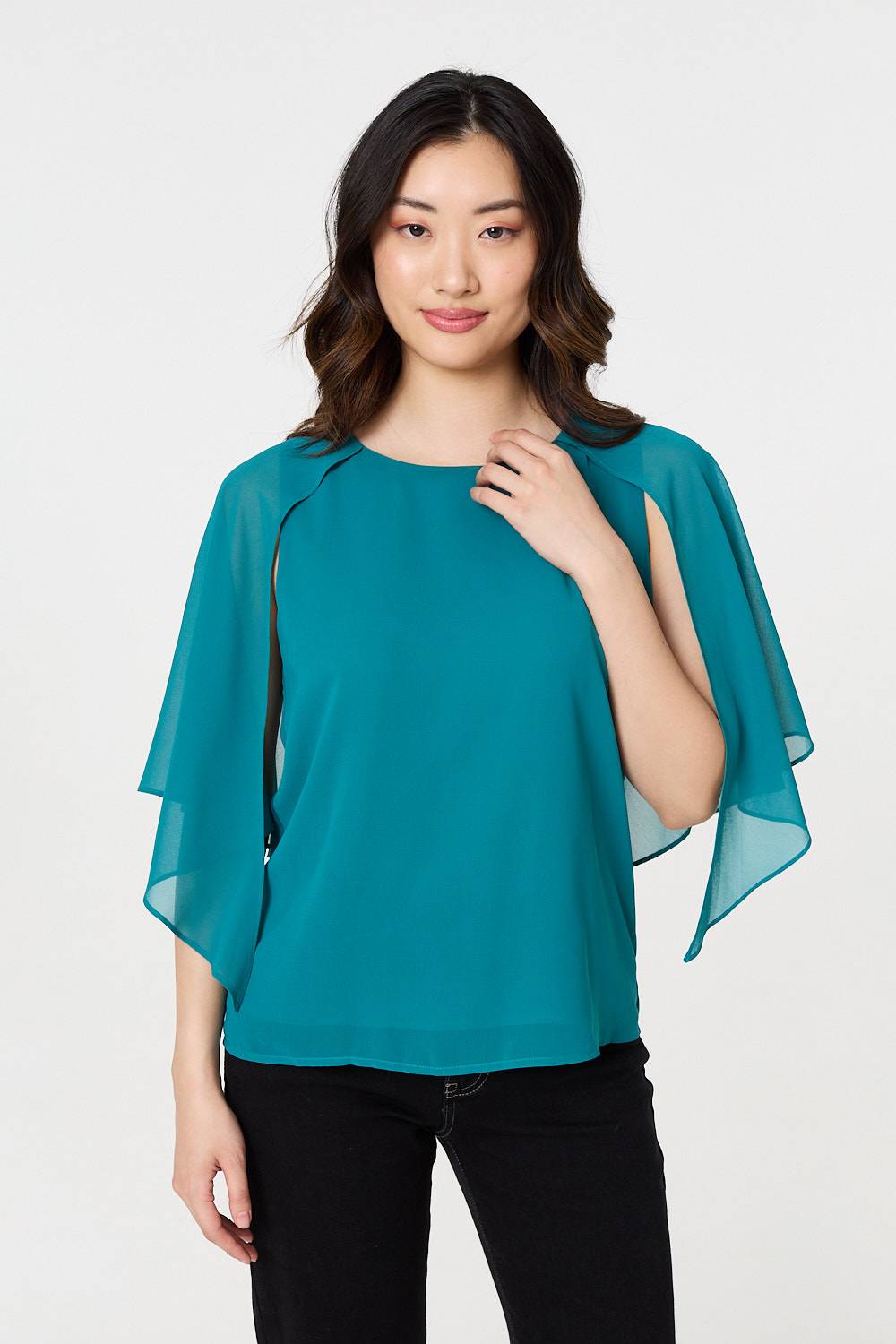 Semi Sheer Cut Out 3/4 Sleeve Blouse