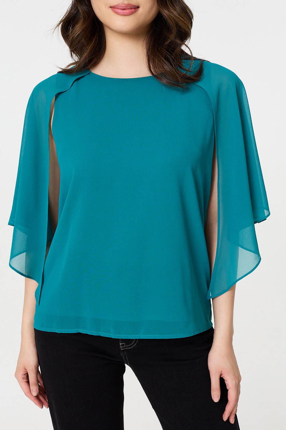 Semi Sheer Cut Out 3/4 Sleeve Blouse