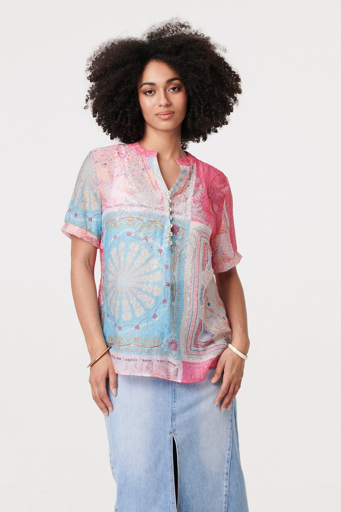 Patchwork Print Short Sleeve Blouse