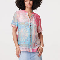 Patchwork Print Short Sleeve Blouse