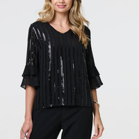 Sequin Stripe Ruffled 3/4 Sleeve Blouse