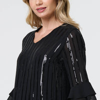 Sequin Stripe Ruffled 3/4 Sleeve Blouse