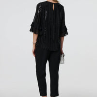 Sequin Stripe Ruffled 3/4 Sleeve Blouse