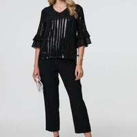Sequin Stripe Ruffled 3/4 Sleeve Blouse