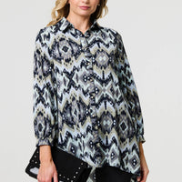 Aztec Print High Low Long Sleeve Shirt