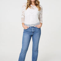 Semi Sheer Crochet 3/4 Sleeve Crop Top