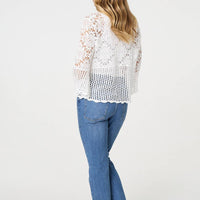 Semi Sheer Crochet 3/4 Sleeve Crop Top