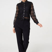 Lace Layer Sheer Sleeve Cropped Shirt