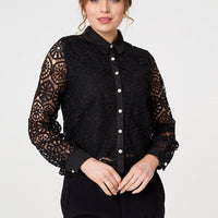 Lace Layer Sheer Sleeve Cropped Shirt