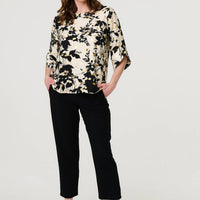 Metallic Trim Leaf Print 3/4 Sleeve Blouse