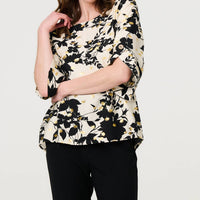 Metallic Trim Leaf Print 3/4 Sleeve Blouse