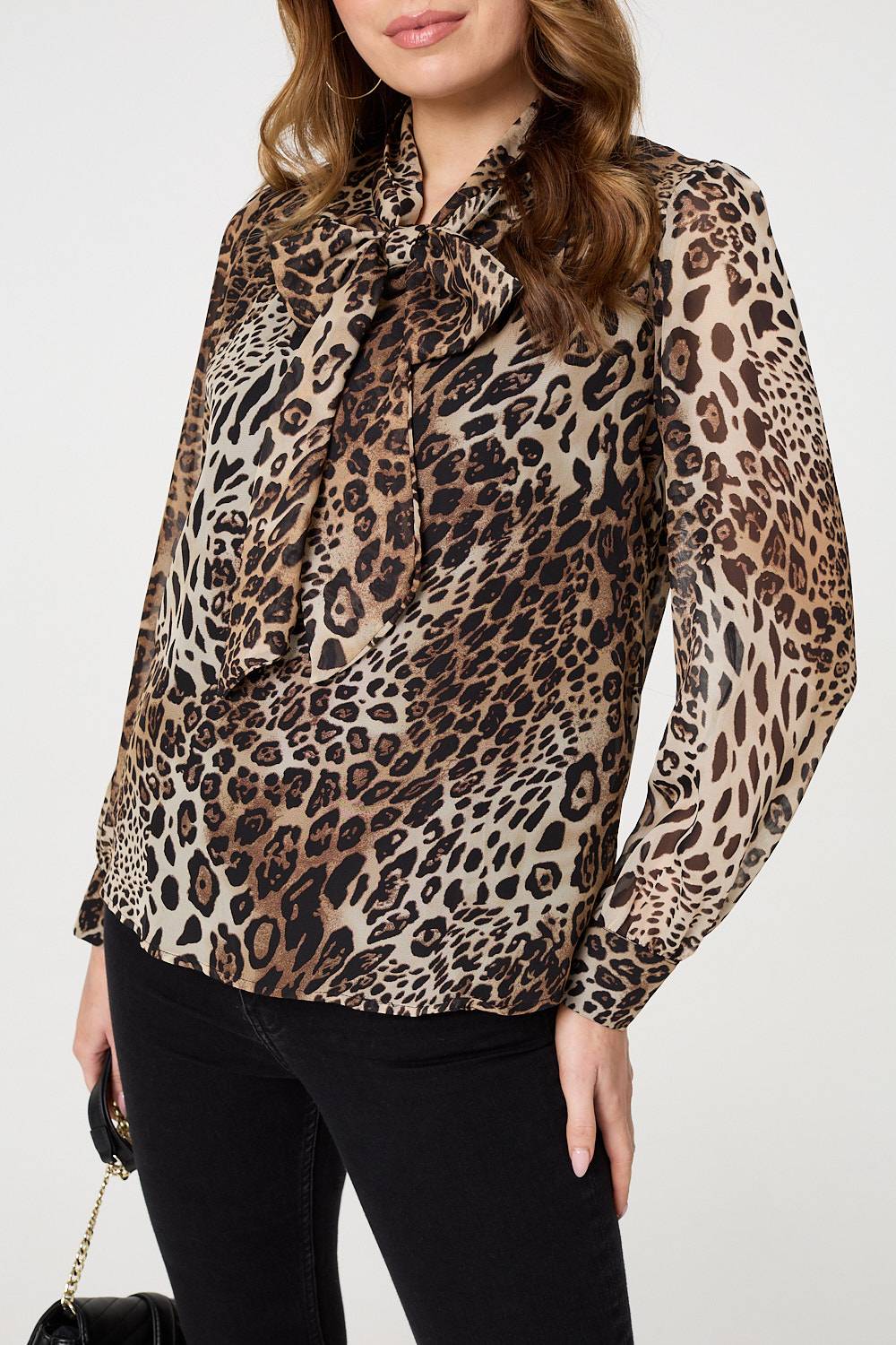 Animal Print Tie Neck Long Sleeve Blouse