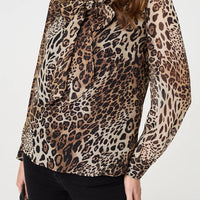Animal Print Tie Neck Long Sleeve Blouse