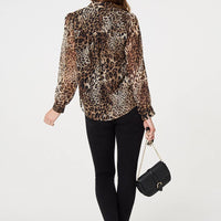 Animal Print Tie Neck Long Sleeve Blouse