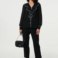 Contrast Trim Semi Sheer Ruffled Blouse