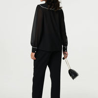 Contrast Trim Semi Sheer Ruffled Blouse