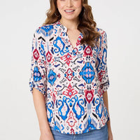 Ikat Print 3/4 Sleeve V-Neck Blouse