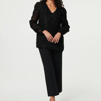 Lace Embellished V-Neck Long Sleeve Top