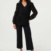 Lace Embellished V-Neck Long Sleeve Top