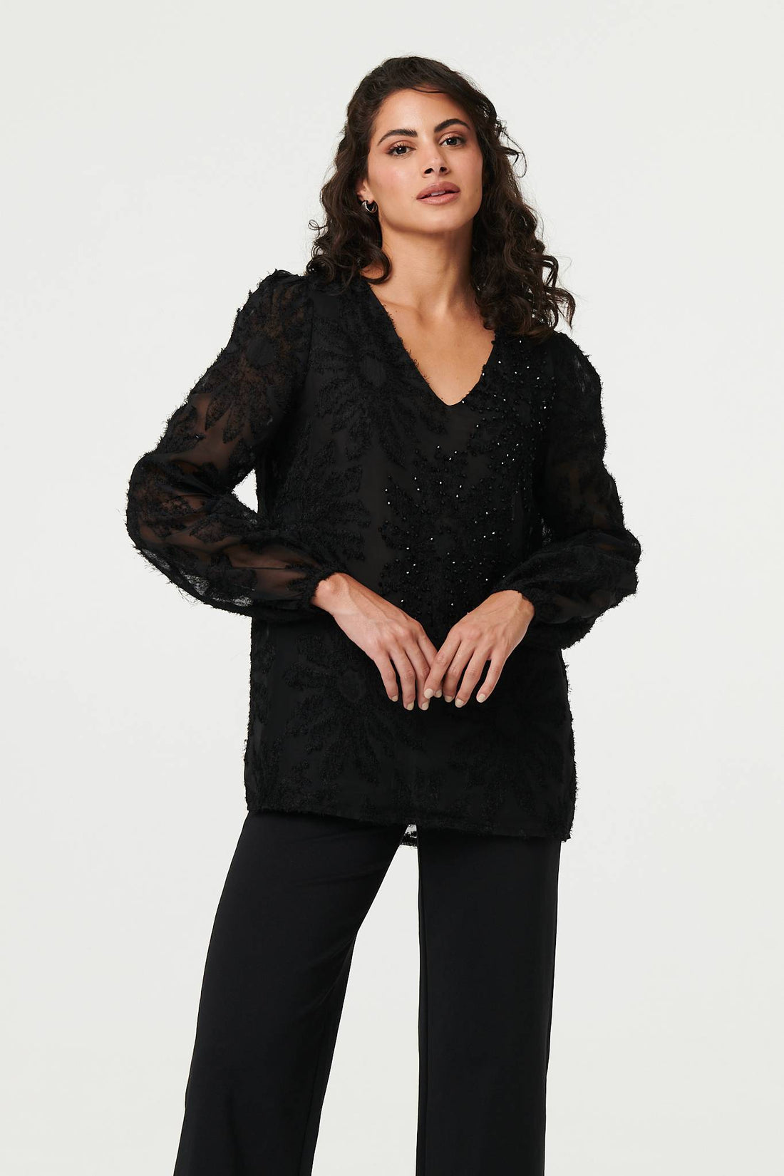 Lace Embellished V-Neck Long Sleeve Top