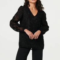 Lace Embellished V-Neck Long Sleeve Top