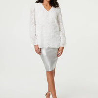 Lace Embellished V-Neck Long Sleeve Top
