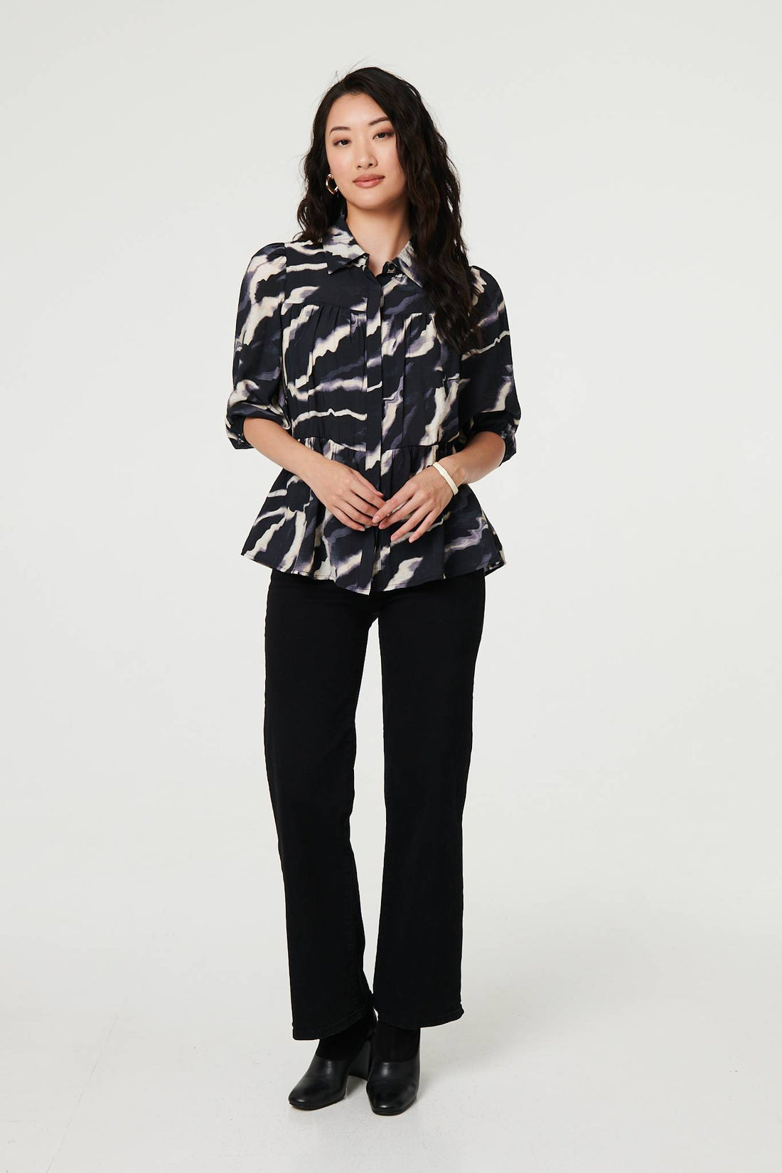 Marble Print 3/4 Sleeve Ruched Blouse