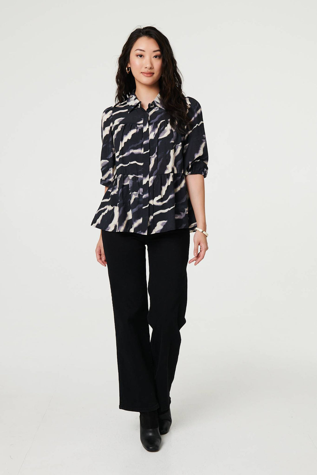 Marble Print 3/4 Sleeve Ruched Blouse