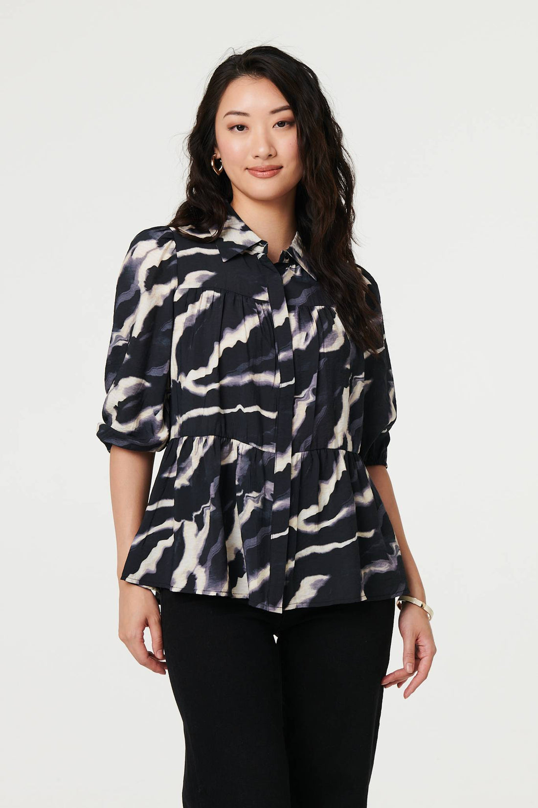 Marble Print 3/4 Sleeve Ruched Blouse