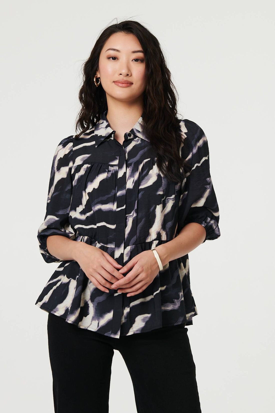 Marble Print 3/4 Sleeve Ruched Blouse