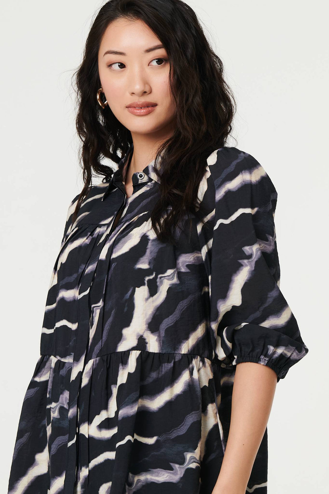 Marble Print 3/4 Sleeve Ruched Blouse