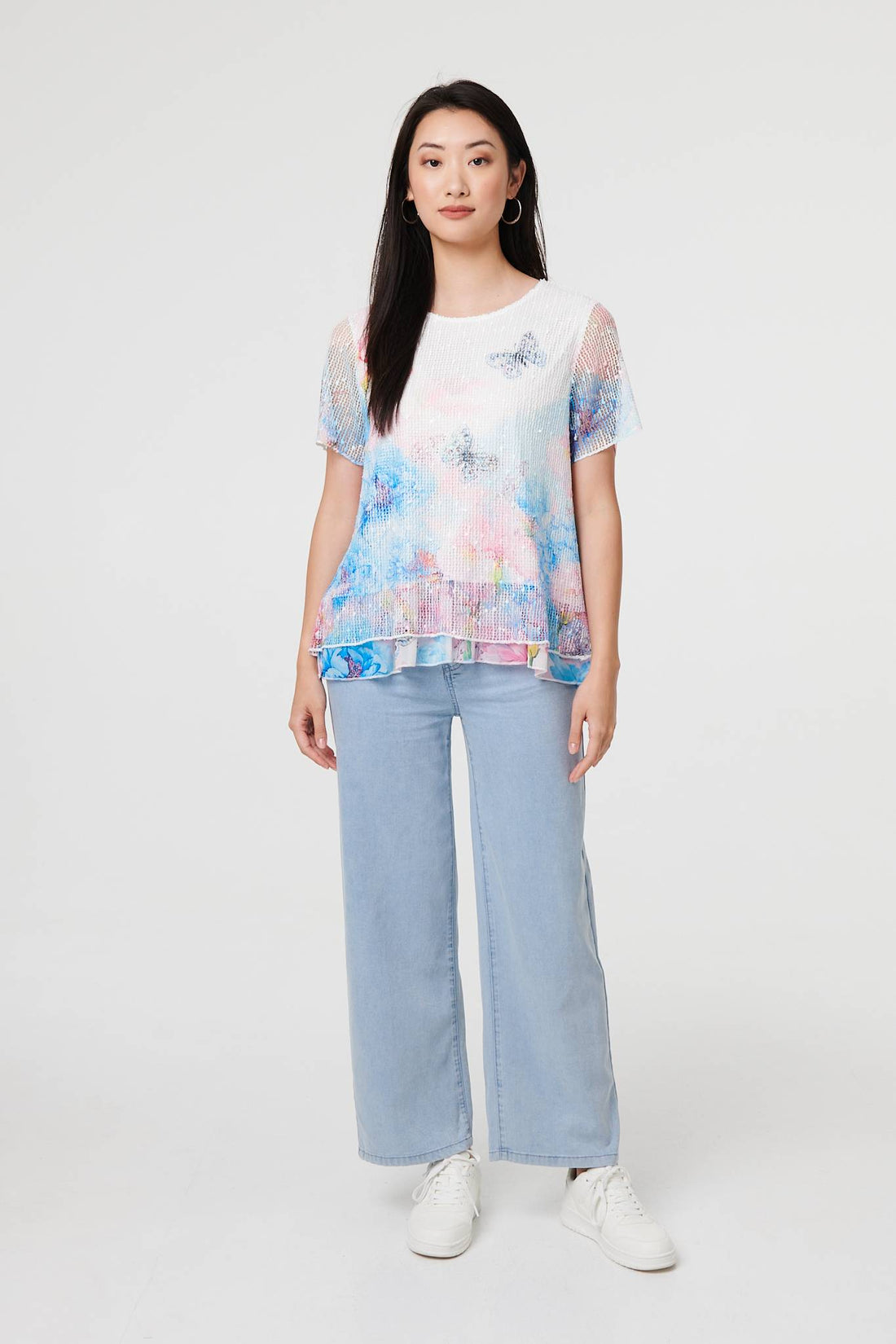 Butterfly Print Mesh Layered Top